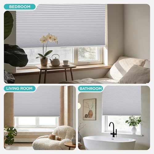 No Drill Cellular Window Shades - White 34x64 Inches, Blackout Cordless