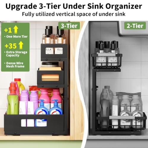Under Sink Organizer 3-Tier Heavy Duty Pull Out Shelf - Black 2 Pack