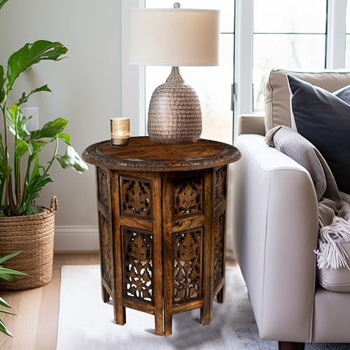 Antique Brown Hand-Carved Wood End Table - Folding Accent Side Table, 18x18 inches