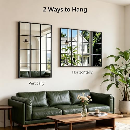 Dewfig 47x30 Inch Rectangle Wall Mirror with Black Metal Frame Windowpane Design - Variation: Windowpane-rm