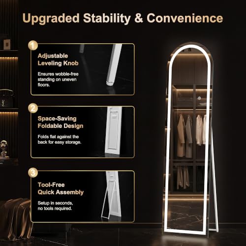 White Arched Full Length Mirror with LED Lights - 56x16 Inch Dimmable Vanity Mirror