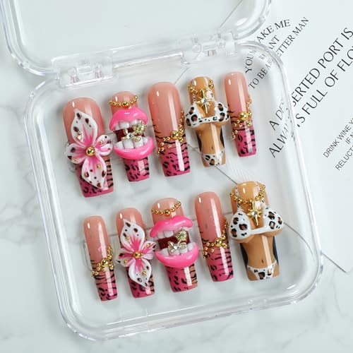 Press On Nails Y2K Pink Leopard Charm Design - Handmade, Variation 0040 / S