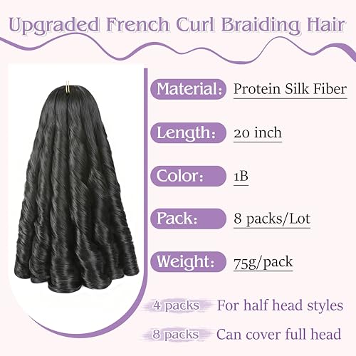 French Curl Braiding Hair Extensions 20 Inch Pre-Stretched Soft Wavy 8 Packs - 1B#