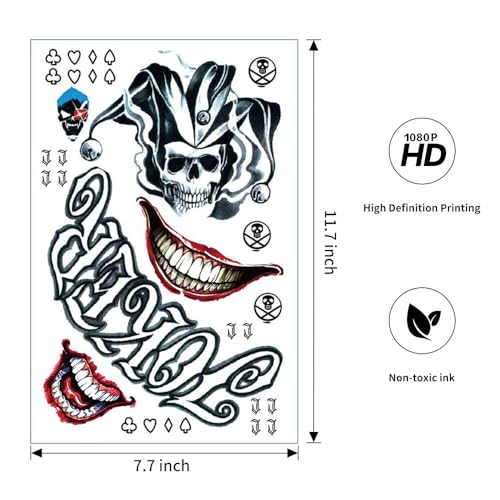8 Sheets Joker Tattoos, Large-Size Waterproof Halloween Temp Tattoo for Men Women Adults, Suicide Squad Fake Stickers for Clown Costume Masquerade Cosplay Face Makeup Party Accessories