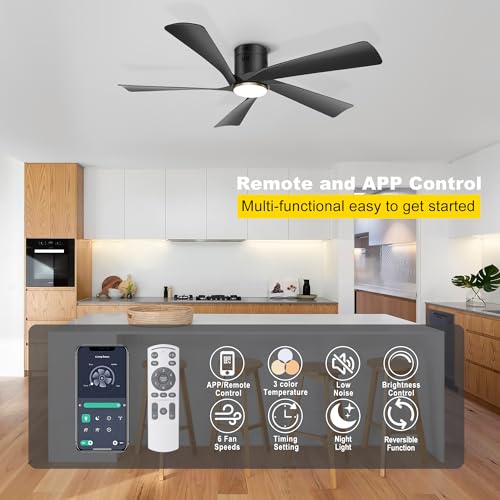 Ohniyou 52-Inch Black Low Profile Ceiling Fan with Lights & Remote Control