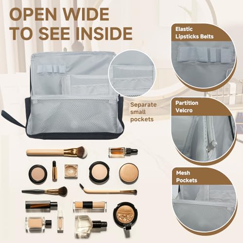 standing makeup bag, Women's Large Capacity Foldable Magnetic Travel Makeup Storage Bag, Waterproof Portable Open Makeup Bag with Divider,black