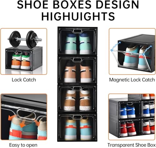 INSTY 12 Pack Black Stackable Clear Shoe Storage Boxes with Magnetic Doors - Fits US Size 12