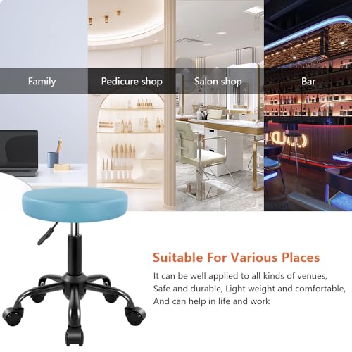 KKTONER Round Rolling Stool Height Adjustable Stool PU Leather Chair with Wheels Salon Spa Drafting stools Small Sky Blue