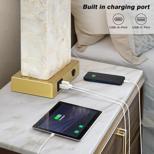 28-Inch Coastal Shell Table Lamps Set of 2 - Gold Nautical Bedside Lighting with USB Charging