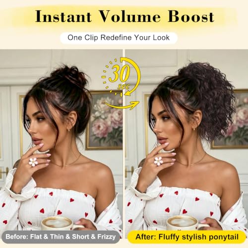 14-Inch Dark Brown Ponytail Extension with Claw Clip - Curly Wavy Fluffy Hairpiece for Women - Variation of THIS listing