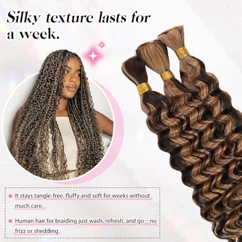 Deep Wave Human Braiding Hair - Highlight Balayage #4P27, 12 Inch, 50g, No Weft, Curly Extensions