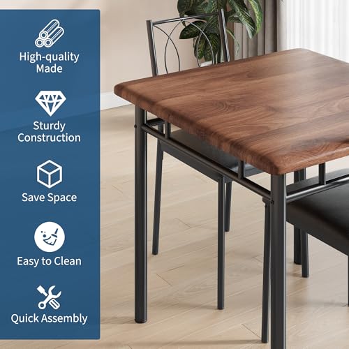 Walnut Small Dining Table Set for 2 with Upholstered Chairs - Space-Saving Kitchen Furniture