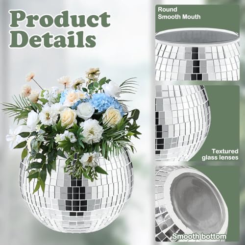 Silver Disco Vase Set - 6 Glass Planters with Reflective Mirror Ball Design 5x6in