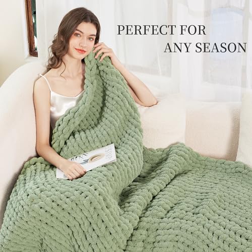 Sage Green Chunky Knit Blanket Throw 60x80 Inches - Cozy Couch Cover