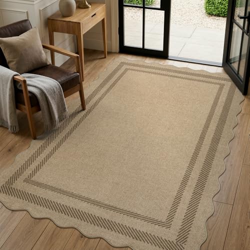 4x6 Outdoor Washable Jute Area Rug with Non-Slip Back - Tan Geometric Indoor Outdoor Mat