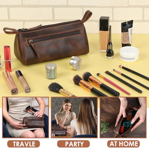 Leather Makeup Bag for Women ? Genuine Leather Cosmetic Bag Travel, Handmade Zippered Makeup Pouch, Small Toiletry Bag, Shaving Kit & Stationery Organizer- Brown