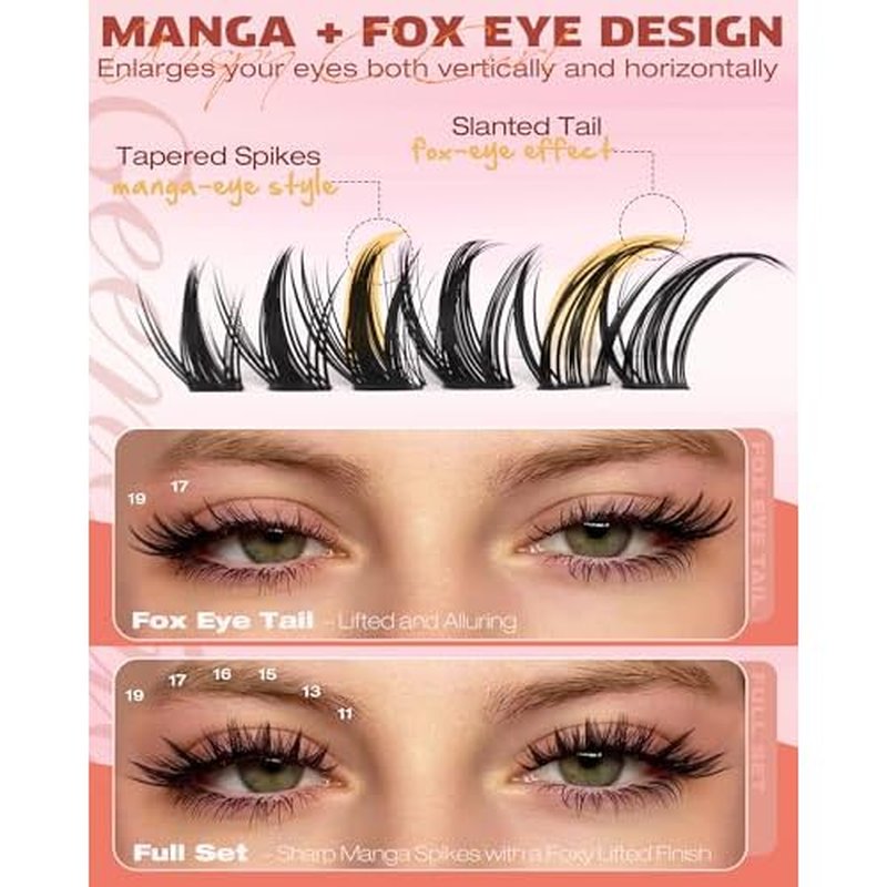 Geeneiya Manga Lash Clusters Kit, 11-19mm Fox Eye Lash Extension Kit, C Curl Left & Right Cat Eye Lashes, DIY Cluster Eyelash Extension Kit with Lash Bond and Seal Lash Tweezers for Beginners