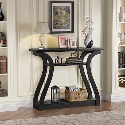 Black Wood Console Table with 3-Tier Shelves - Farmhouse Style Entryway Table