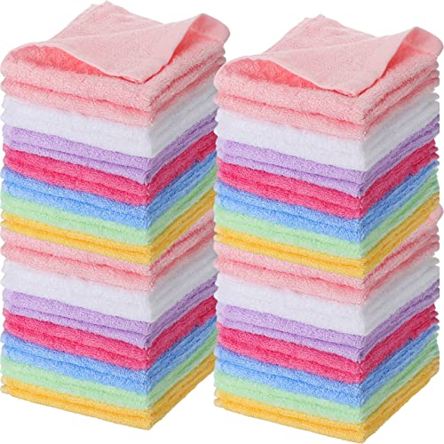 Newwiee Multicolor 40 Pcs Cotton Face Wash Cloths - 10 x 10 Inch (10 White, 5 Pink, 5 Yellow, 5 Blue, 5 Green, 5 Rose Red, 5 Purple)