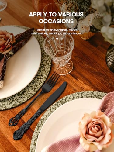 Stapava Retro Royal Black Silverware Set with Steak Knives - 48Pcs Flatware for 8