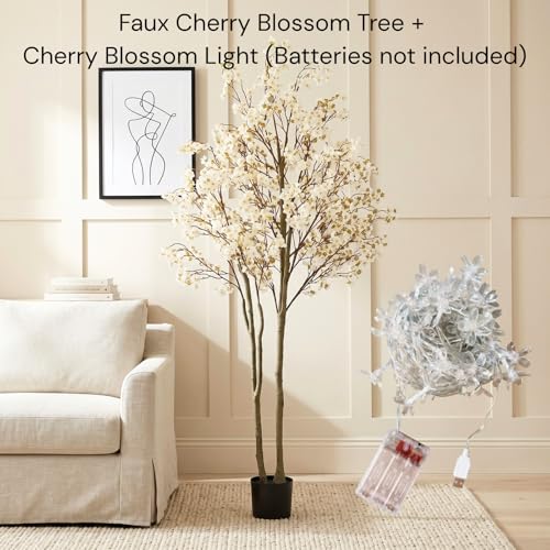 White Artificial Cherry Blossom Tree with Lights - 6ft Indoor Decor - Faux Sakura Tree for Living Room & Events