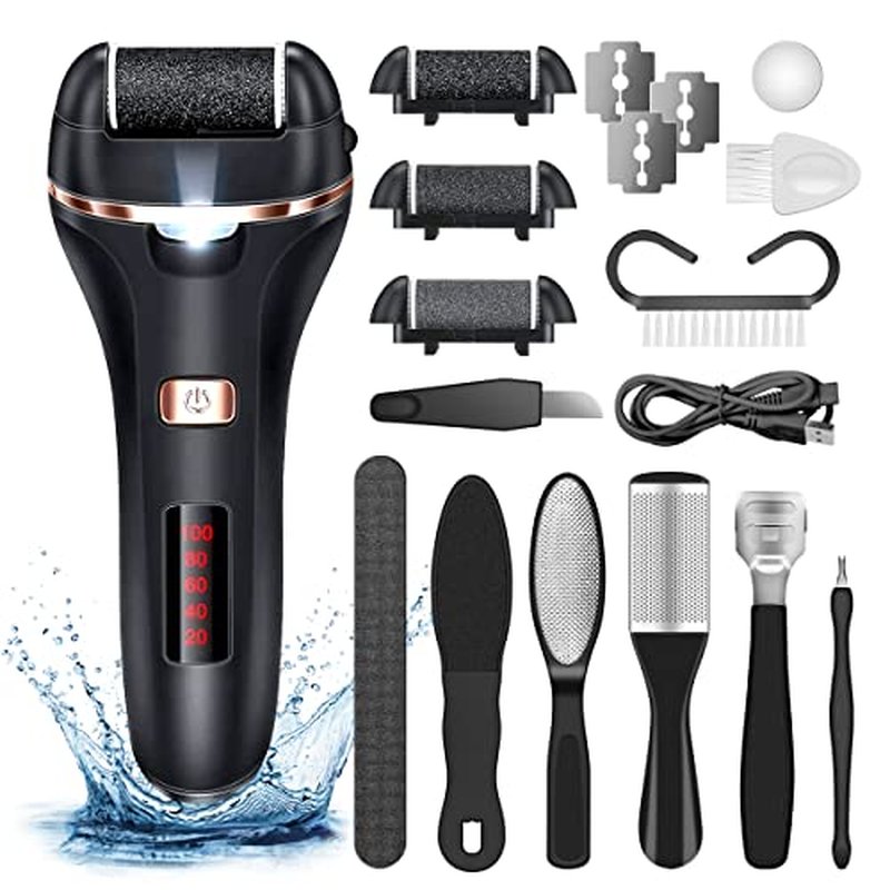 AdamPark Electric Callus Remover for Feet,Rechargeable Foot File Hard Skin Remover,Waterproof 14 in1 Professional Pedicure Kit for Cracked Heels &Dead Skin,with 3 Roller Heads 2 Speed(Black J8)