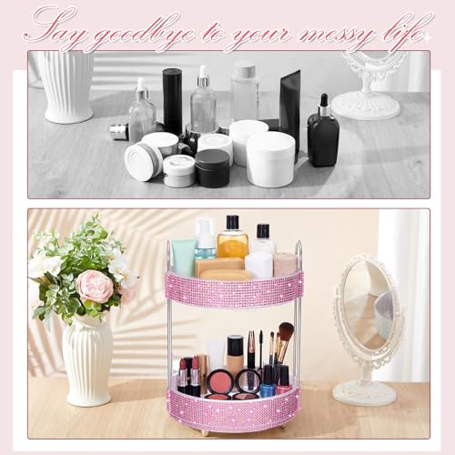 Honeydak 360 Rotating Perfume Organizer Rhinestone Bathroom Counter Organizer Makeup Holder with 2 Tiers Skincare and Perfume Storage, Vanity Storage for Cosmetic Countertop Decor (Pink)