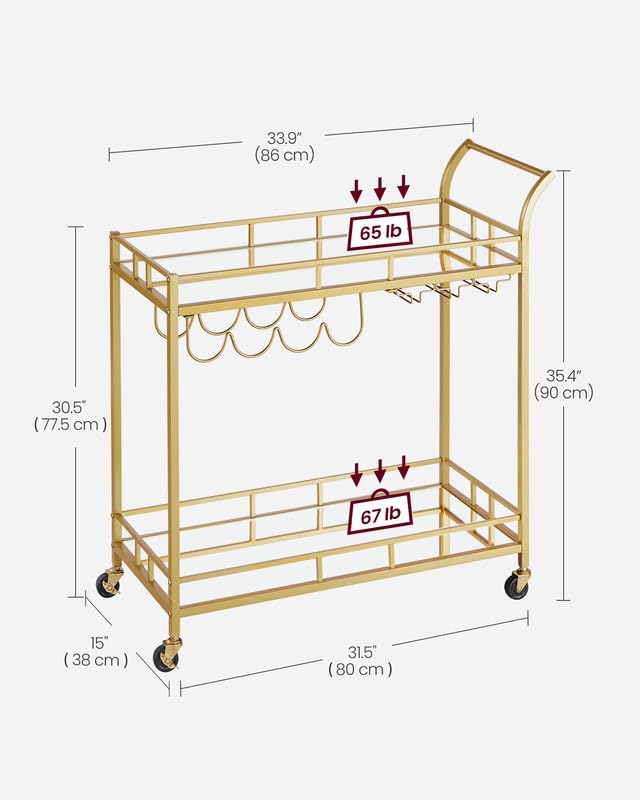 VASAGLE Gold Bar Cart with Mirrored Shelves, Wine & Glass Holders, 33.9"W