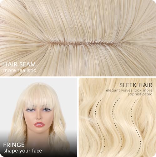 Aida ble Long Blonde Wavy Wig with Bangs - 28-inch Synthetic Hair for Women