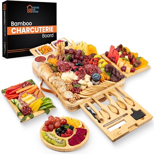 Bamboo Charcuterie Board Gift Set with Hidden Drawers & Knives - Housewarming & Wedding