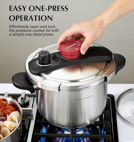 6.3 Quart Stainless Steel Pressure Cooker with Glass Lid & Steamer - Easy One-Hand Lock, Induction Compatible