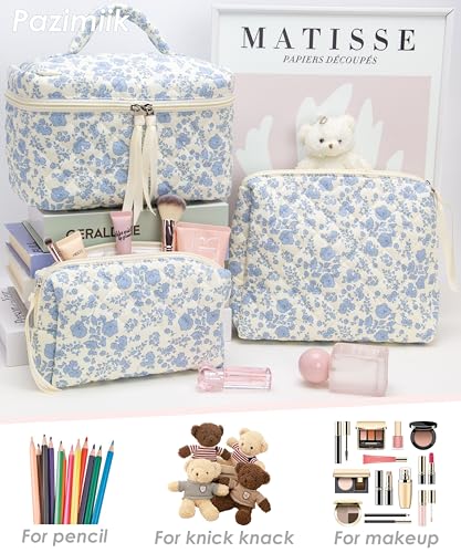 Flower Blue 3-Piece Quilted Makeup Bag Set for Women - Cosmetic & Toiletry Organizer