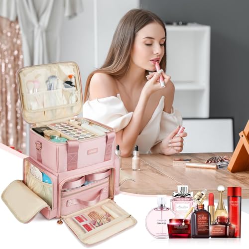Extra Large Makeup Bag,4 in 1 Cosmetic Storage Organizer Travel Case with 3 Detachable Pouches and Dividers,Pink