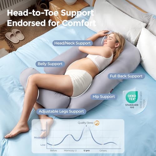 Momcozy Cooling Pregnancy Pillow - Dreamlign U Pro Maternity Pillow Grey-Cooling Fabric