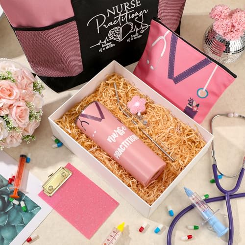 Sieral 5 Pcs Nurse Gifts Bulk for Women NP Gifts Tumbler Tote Makeup Bag Badge Clipboard for Coworker Nurse Practitioners