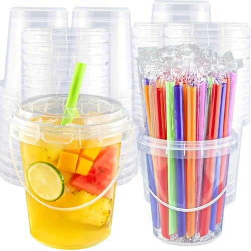 Disposable Cups with Lids and Straws - 100 Sets, 34oz, Colorful Straws Included