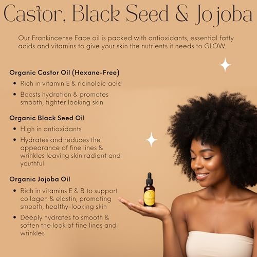 Organic Frankincense Resin Infused Face Oil with Black Seed, Castor & Jojoba Oils - Hydrating Anti-Aging Serum for Radiant Skin - 1 Fl Oz