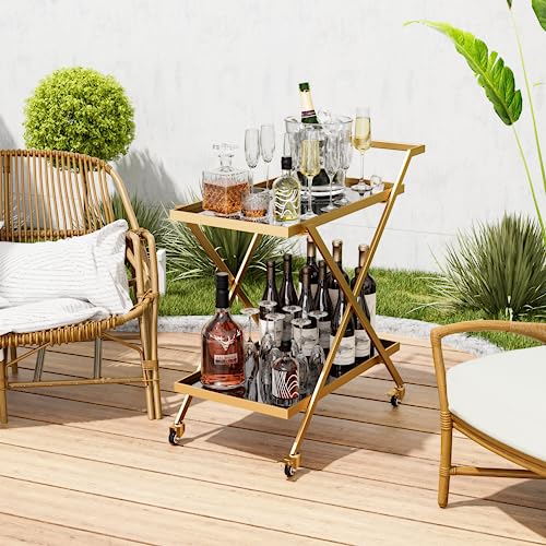 Crofy Gold Finish Bar Cart on Wheels with Tempered Glass Shelves - 2-Tier Mobile Serving Cart for Home & Bar