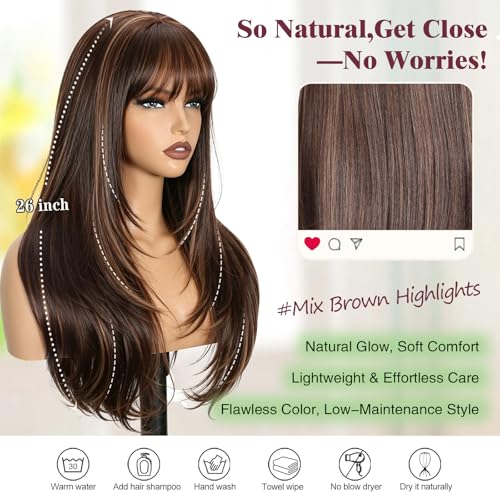 Long Wigs for Women 26 Inch Mix Brown Highlights with Bangs - Realistic Scalp & Wavy Style