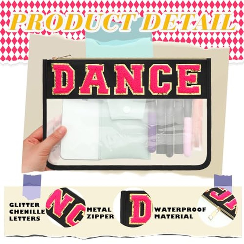 Abbylike 4 Pcs Makeup Bag Clear Letter Chenille Patch Bag Nylon Makeup Toiletry Pouch with Zipper for Women Gifts(Black,Dance)