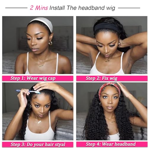SENSAIRUITE 8 Inch Deep Wave Headband Wig Human Hair Glueless Curly Wigs for Black Women
