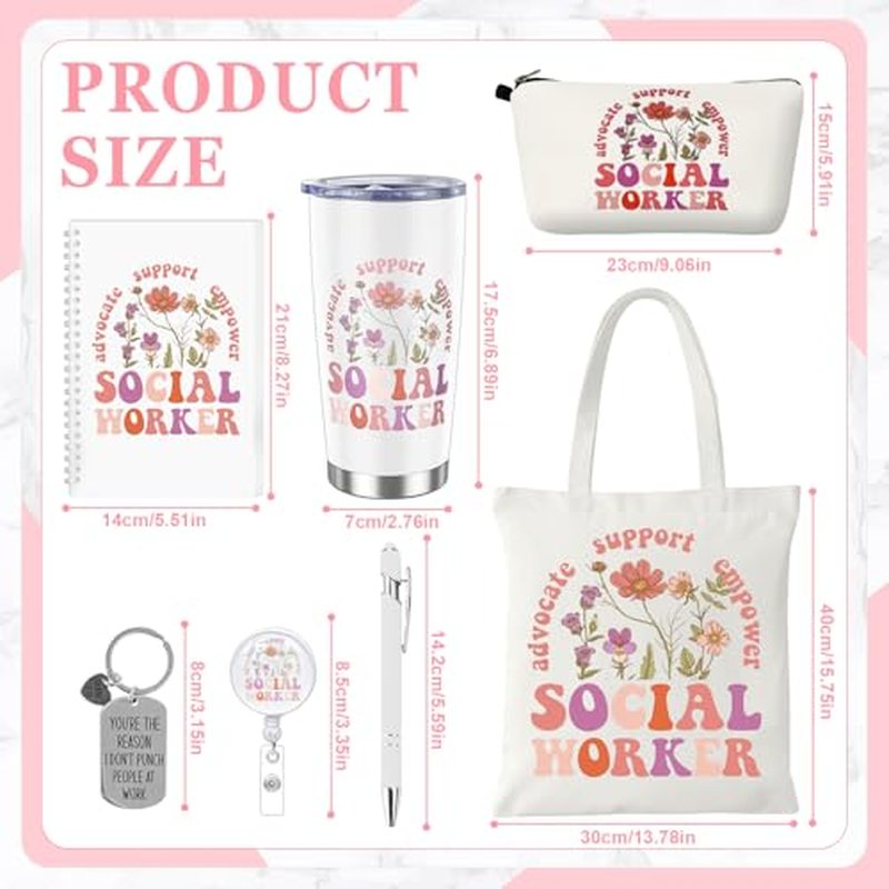 7 Pcs Social Worker Gifts Set for Women Include Canvas Bag Cosmetic Bag 20 oz Thermos Cup Keychain Badge Holder Notebook Pen for Volunteers School Social Worker Gift