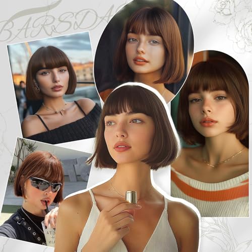 BARSDAR Short Brown Bob Wig With Bangs - Short Brown Bob with Bangs Wig for Women - 12 Inch Natural Looking Soft Synthetic Hair Replacement Wigs Velma Kelly Costume Dora Wigs Daily Party Halloween