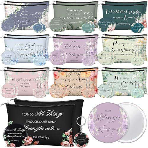 Christian Gifts for Women Bulk Makeup Bag Set - Classic Bible Verse Pouch, Mini Mirror & Keychain
