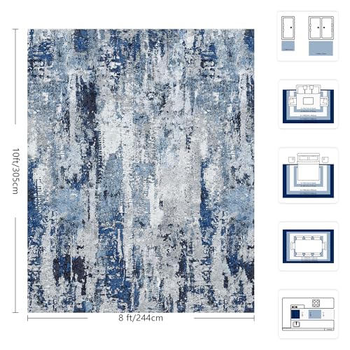 Ocean Blue 8x10 Abstract Modern Washable Rug - Non-Slip Low Pile Living Room Carpet