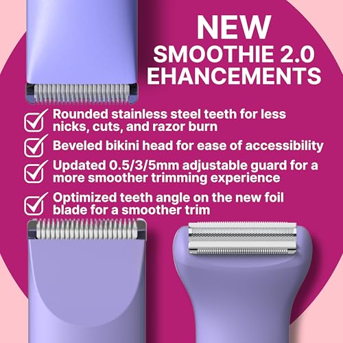 HAPPY CURVES Smoothie 2.0 Bikini Trimmer - Electric Razor for Women, Waterproof Hair Groomer with Adjustable Guards, Personal Shaver for Pubic Hair, Ladies Intimate Shaver and Body Trimmer (Guava)