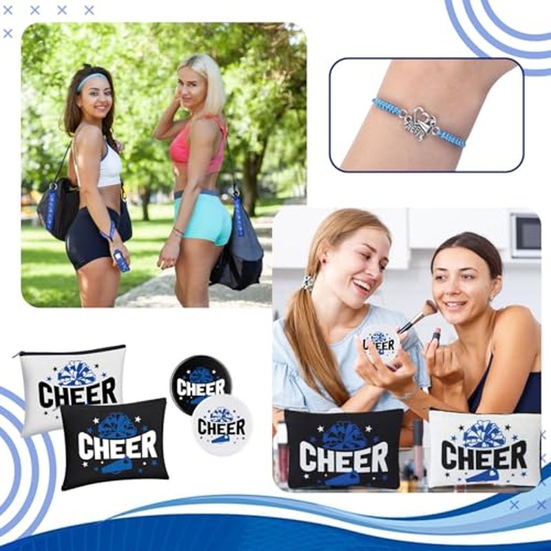 60 Pcs Cheerleader Gifts Bulk Cheer Team Gifts for Women with Cheerleader Cosmetic Bags Makeup Mirror Bracelets Lipstick Holder Keychains Lanyard Cheer Team Party Favors(Blue White)