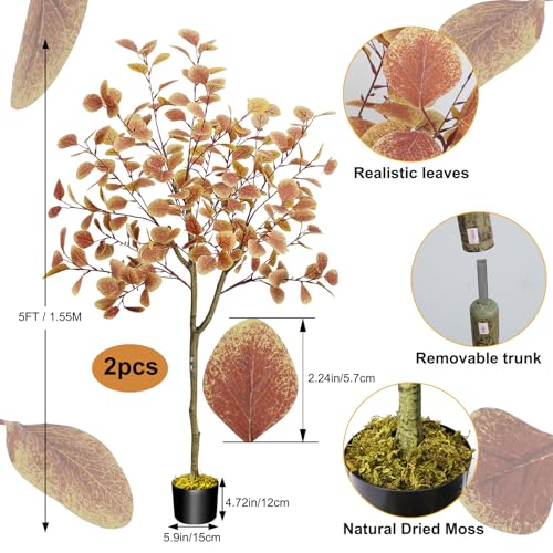 HUAESIN 5FT Fall Eucalyptus Artificial Trees - 2pcs Autumn Porch Decor, Orange