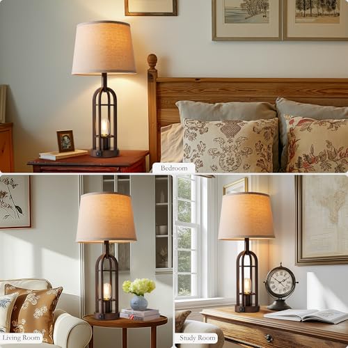 SRJJA 24-Inch Industrial Table Lamps Set of 2 with USB A+C & Bronze Switch