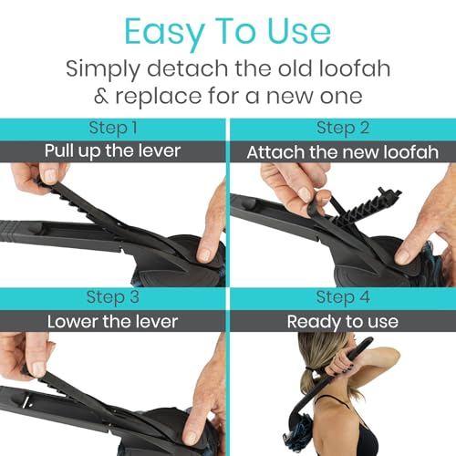 Vive Interchangeable Long Handled Loofah on a Stick - Black Mesh Back Sponge, Reusable